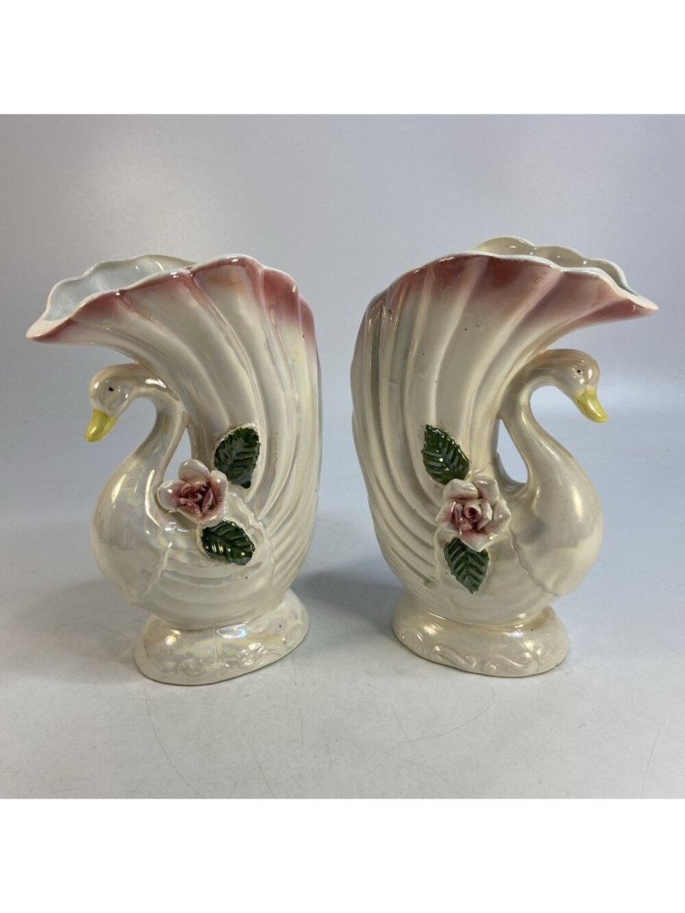 2 Sophia Ann Swan Flower Vase Pearled Iridescent Pink White Floral 8 x5in Taiwan